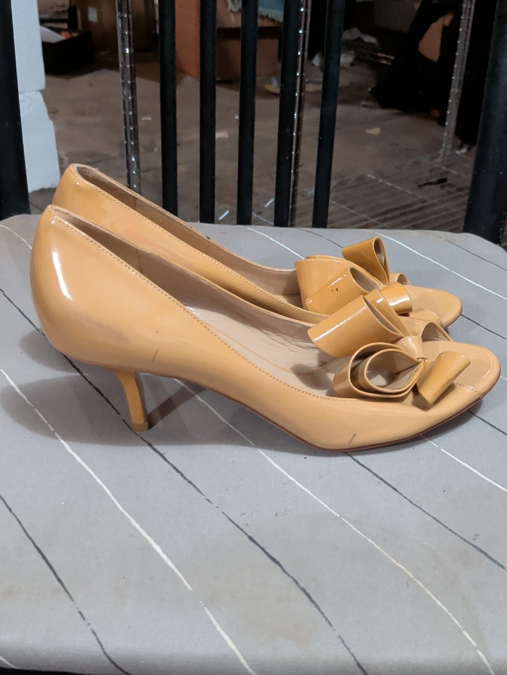 Unworn Mustard Peep-Toe Bow Patent Pumps - With Smudges